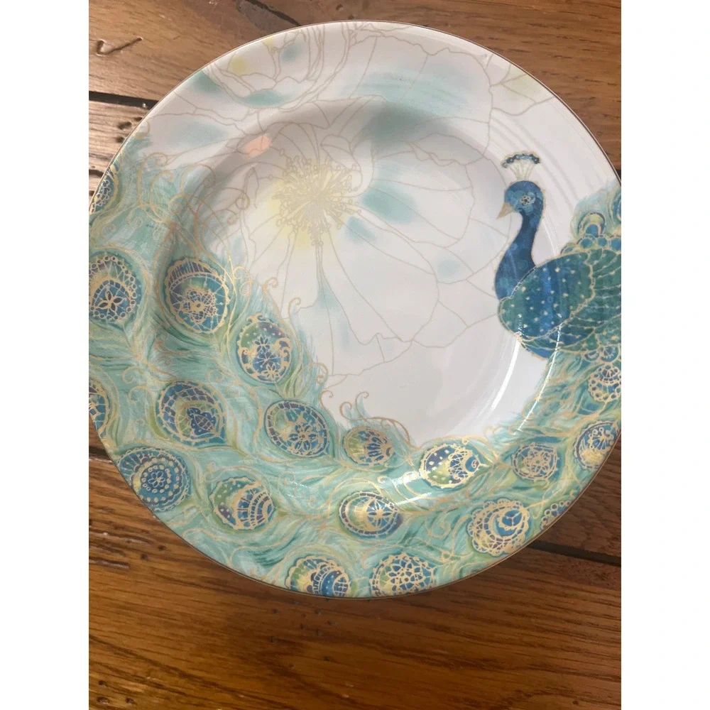 222 Fifth Lakshmi Peacock Fine China Bread and Butter Plates Set of 4 Teal Gold